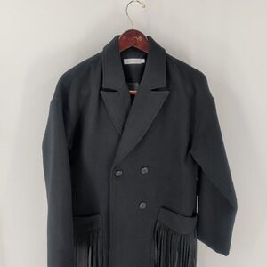 Vintage Justfab Longline‎ Faux Wool Fringe Button Front Pea Coat Black Size S